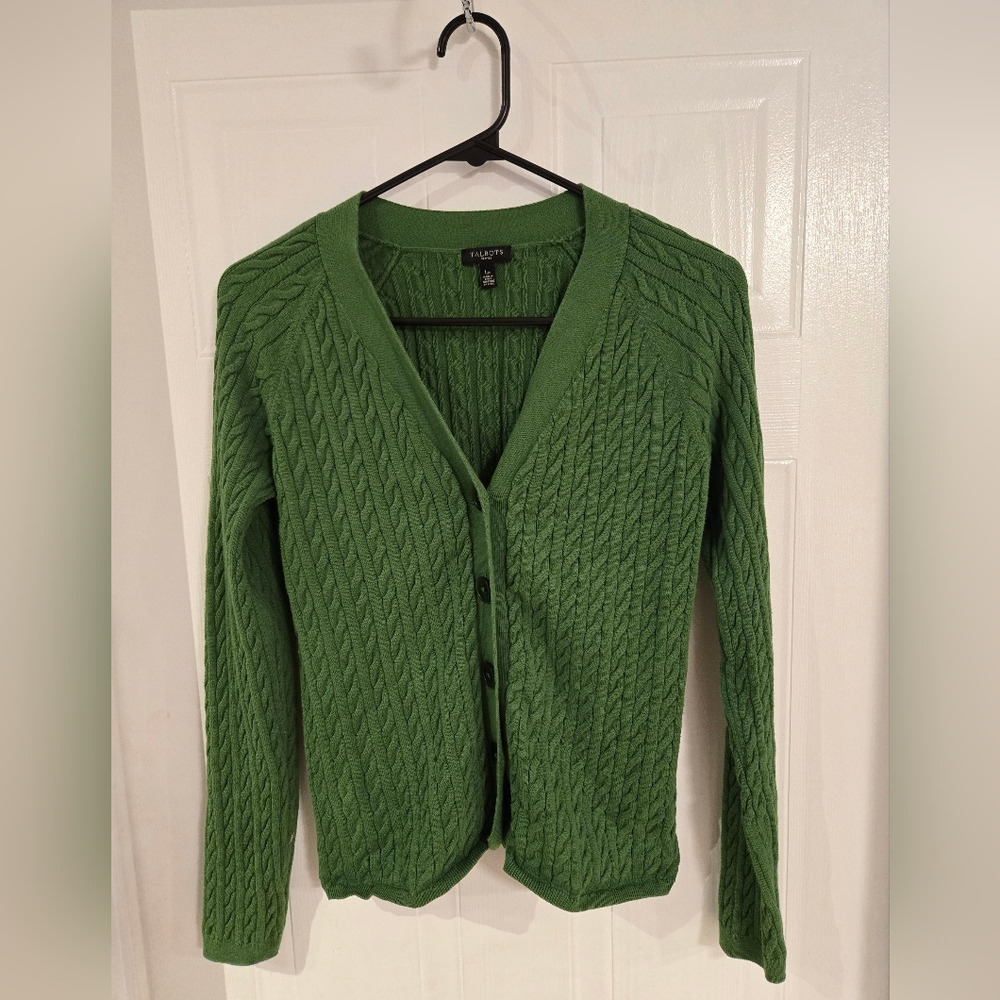 Talbots Large Petites Green Cotton Cable Knit Cardigan Sweater
